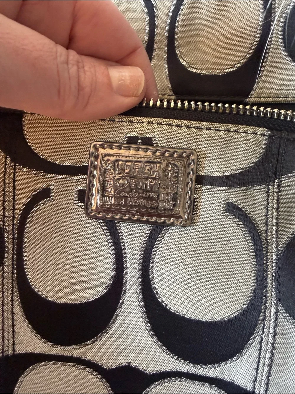 Coach Poppy Signature “C” Crossbody Bag with Black/Gray/Metallic Silver Details